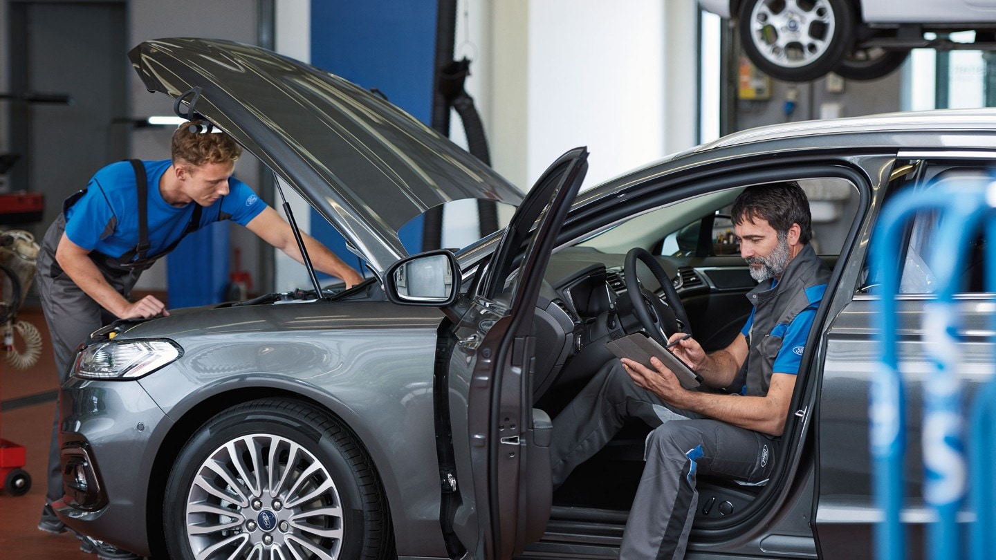 Two technicians making car check